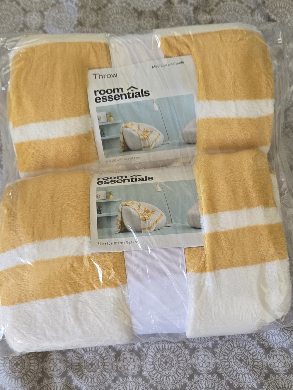 Room Essentials Yellow & White Striped Plush Throw 2 Pcs